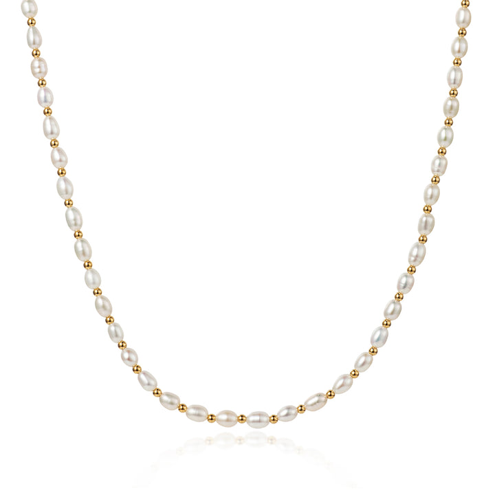 Long freshwater seed pearl necklace with gold beads on a white background