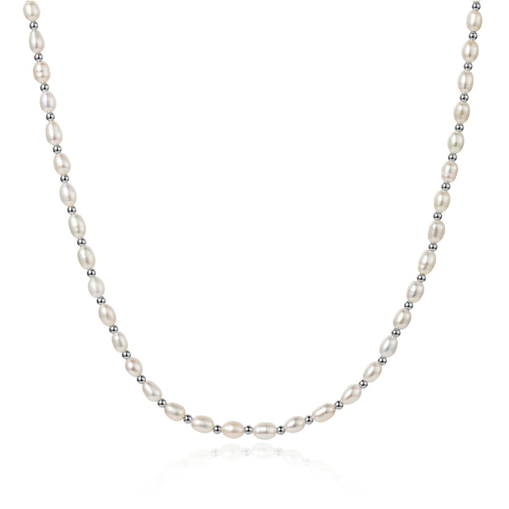 Pearl necklace with silver beads on a white background