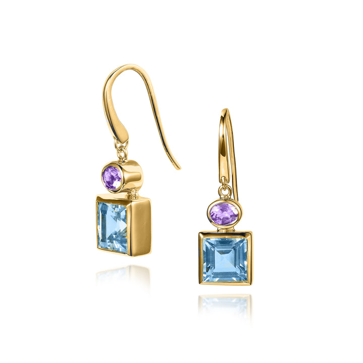 A pair of gold drop earrings with blue topaz and amethyst gemstones.