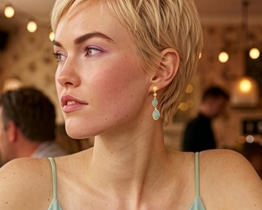 Woman wearing aquamarine drop earrings in gold vermeil