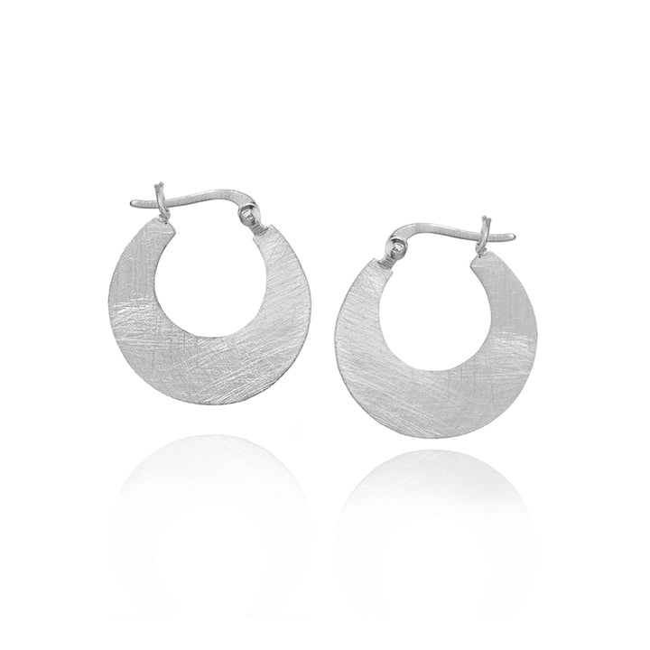 Silver snap-post hoop earrings on a white background