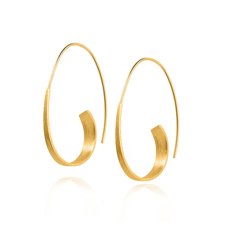 Gold threader hoop earrings on a white background