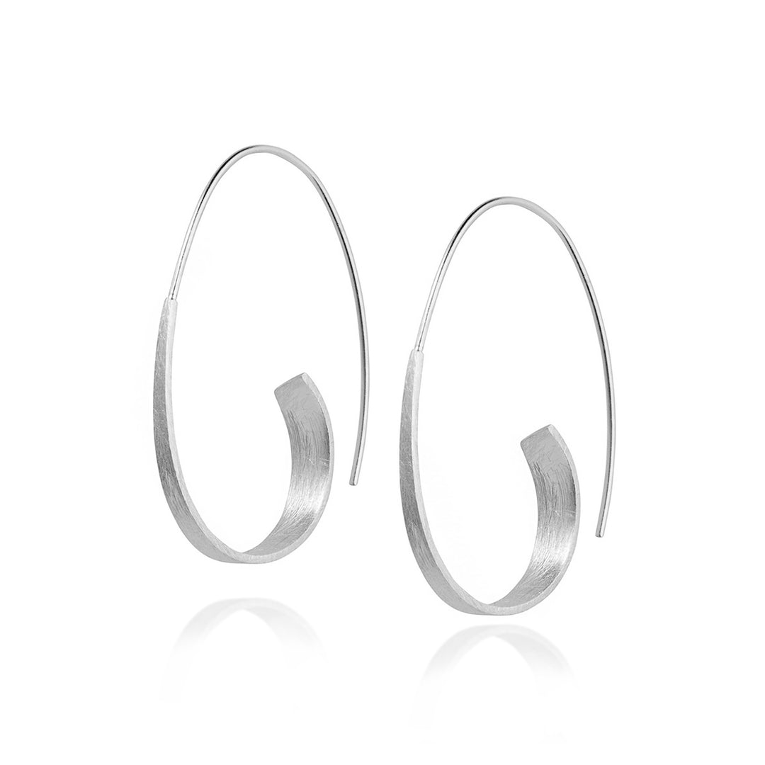 Pair of silver threader hoop earrings on a white background