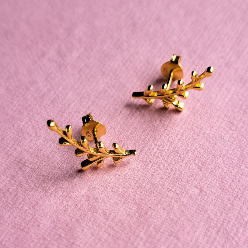 18ct gold vermeil laurel leaf climber stud earrings - alternative view