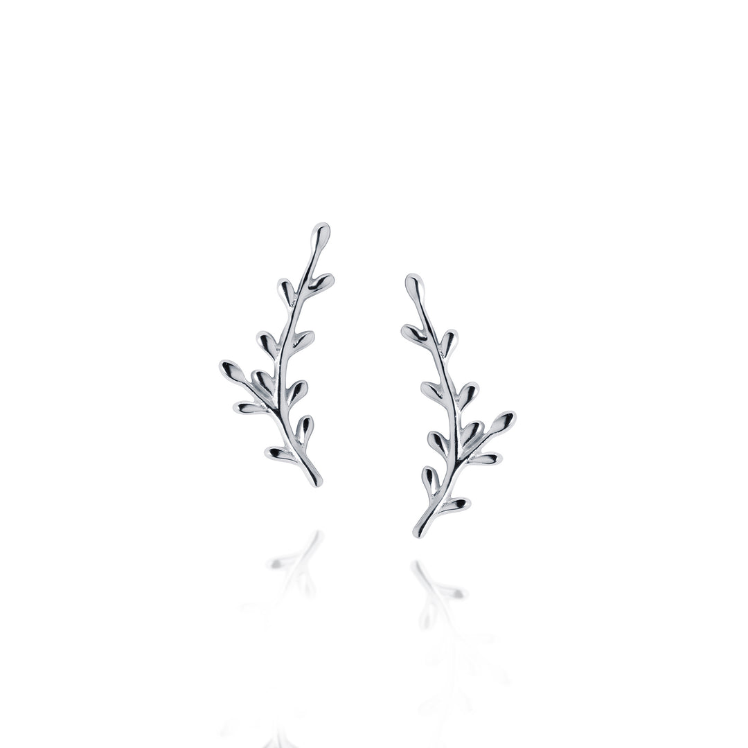 Silver leaf-shaped post earrings on a white background