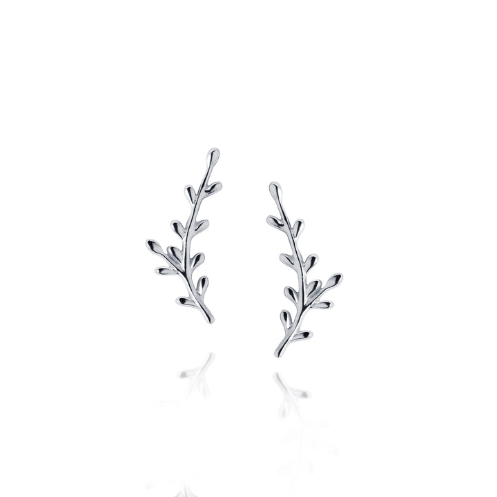 Silver leaf-shaped post earrings on a white background