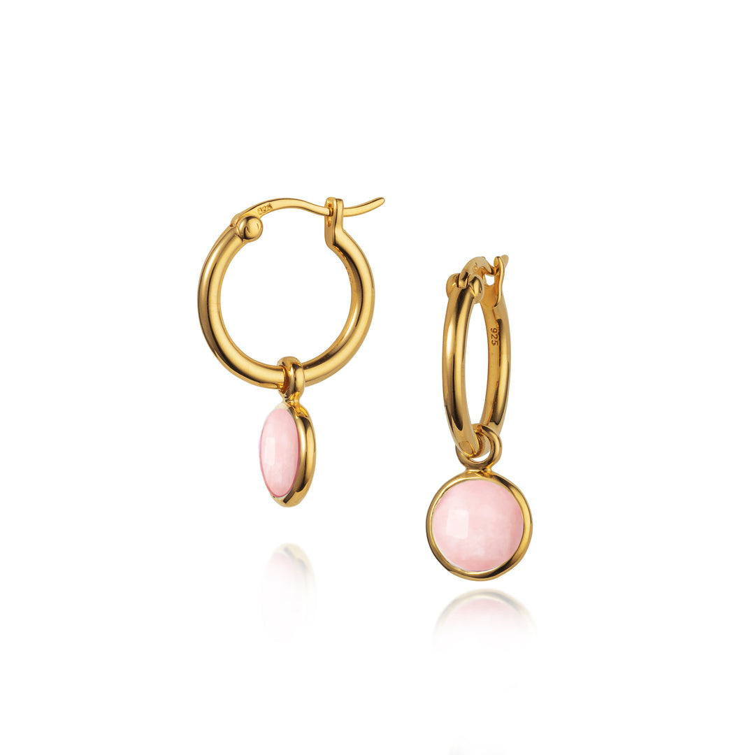 pink opal gemstone huggie hoop earrings in gold vermeil with snap post closure