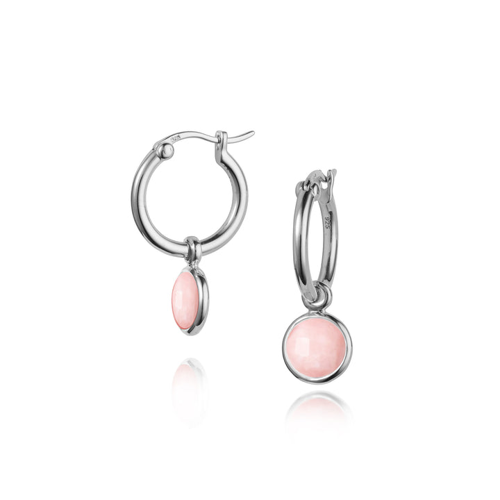 Pink opal gemstone huggie hoop earrings in sterling silver with snap post closure