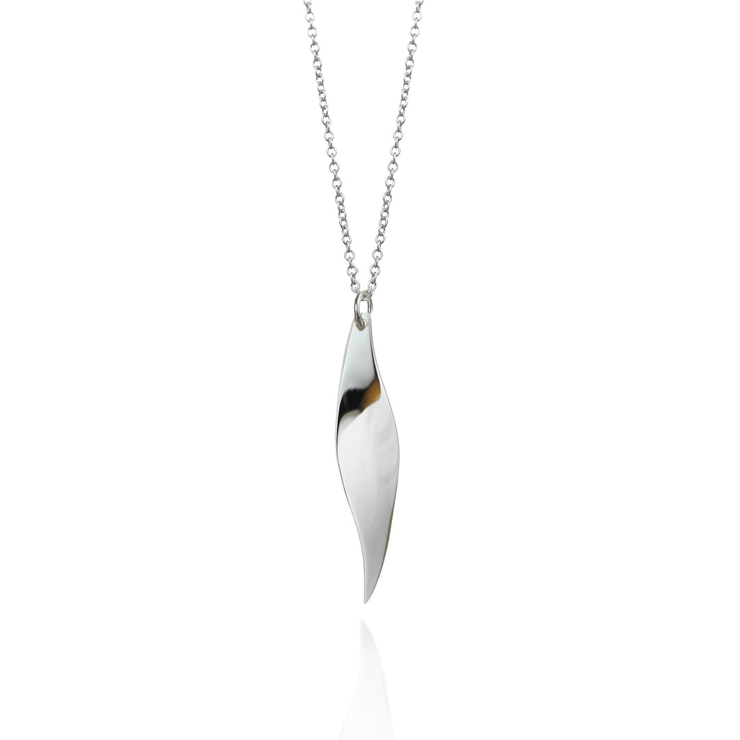 Polished silver necklace on a white background