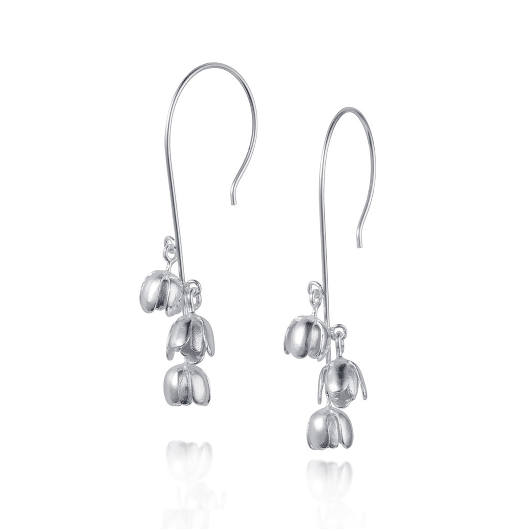 Shiny silver floral earrings on a white background
