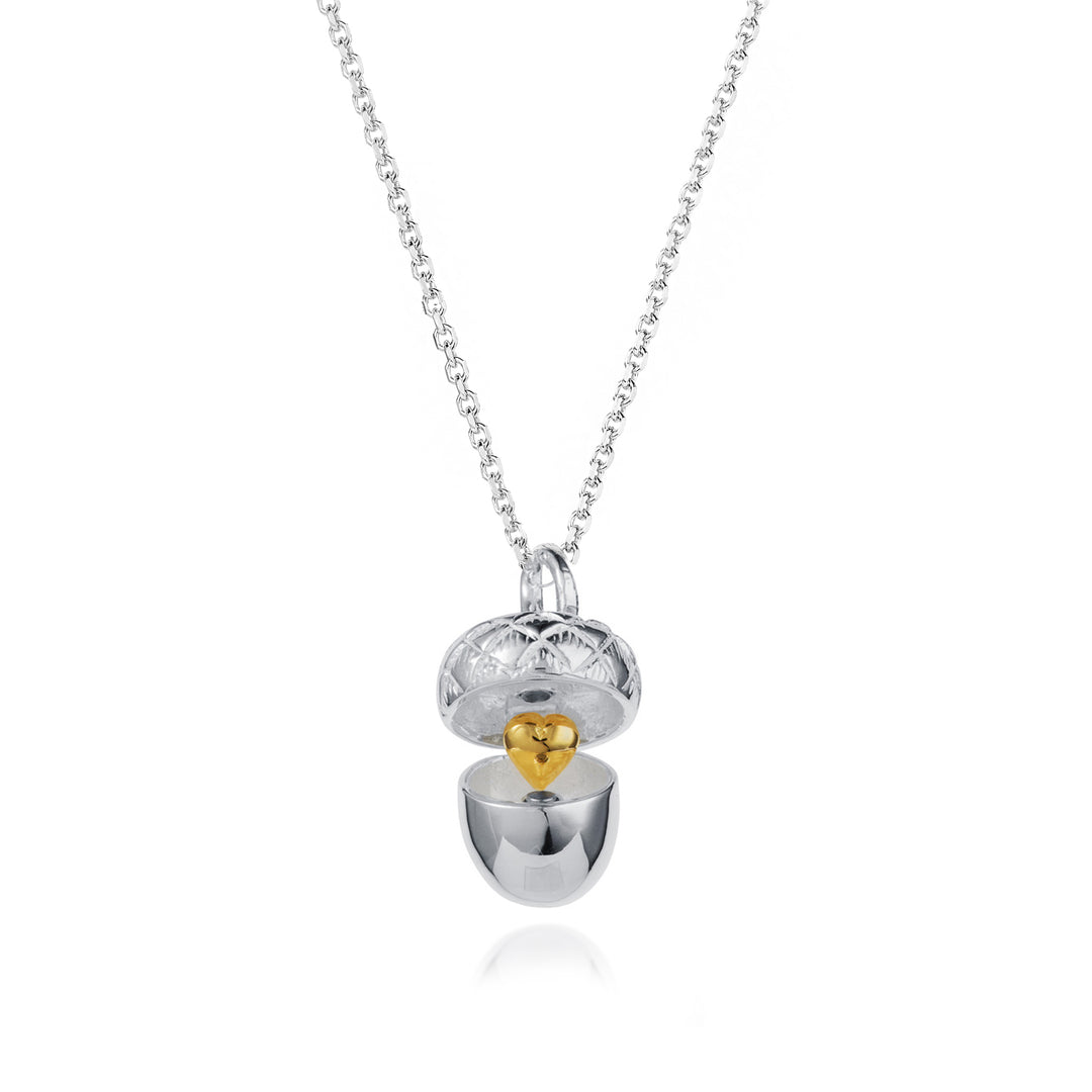 Silver necklace with an acorn-shaped pendant featuring a gold heart inside on a white background