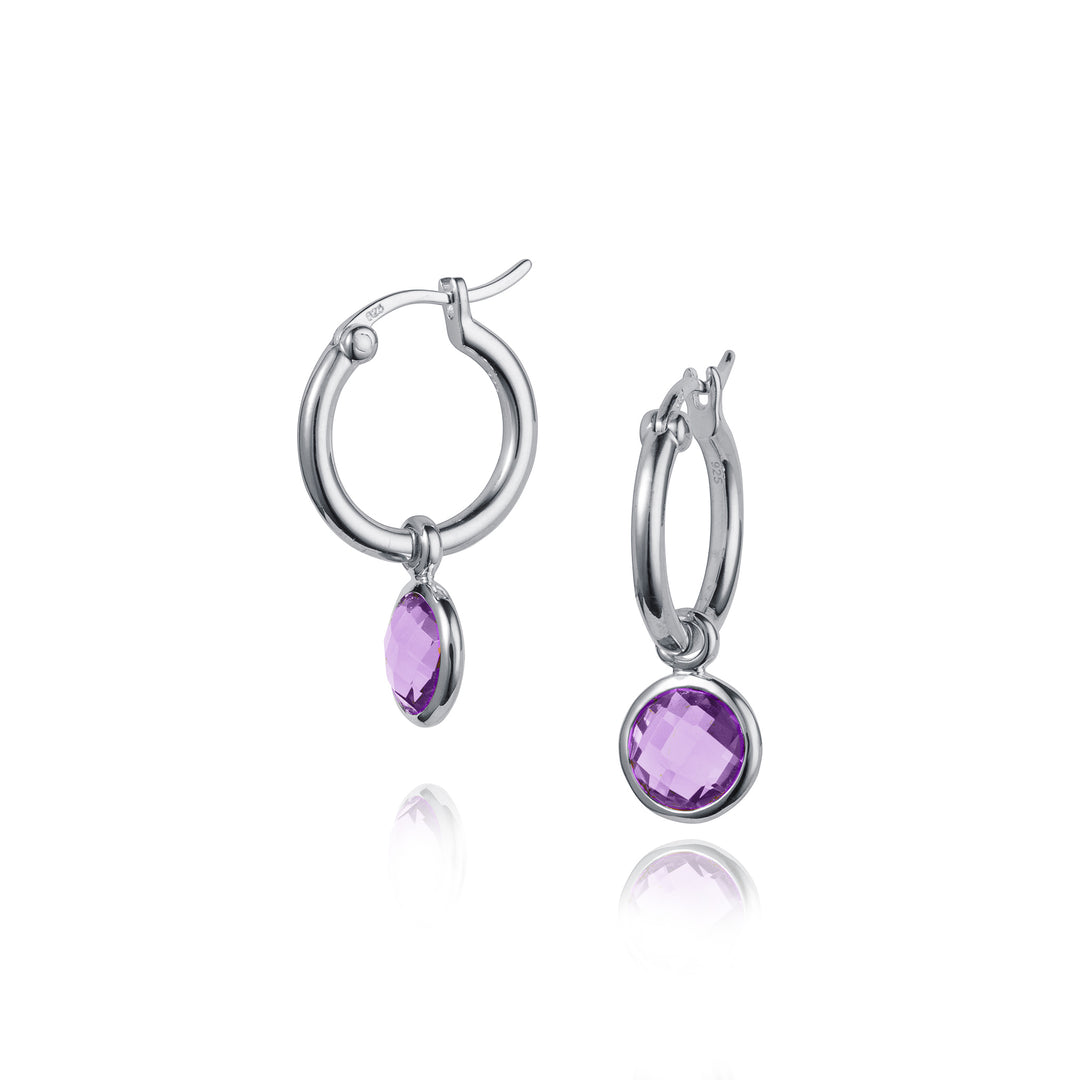 Silver snap post hoop earrings with amethyst gemstones on a white background