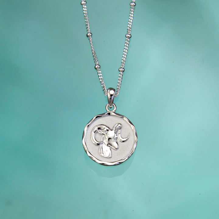 Silver Rams head zodiac pendant on a n aqua background