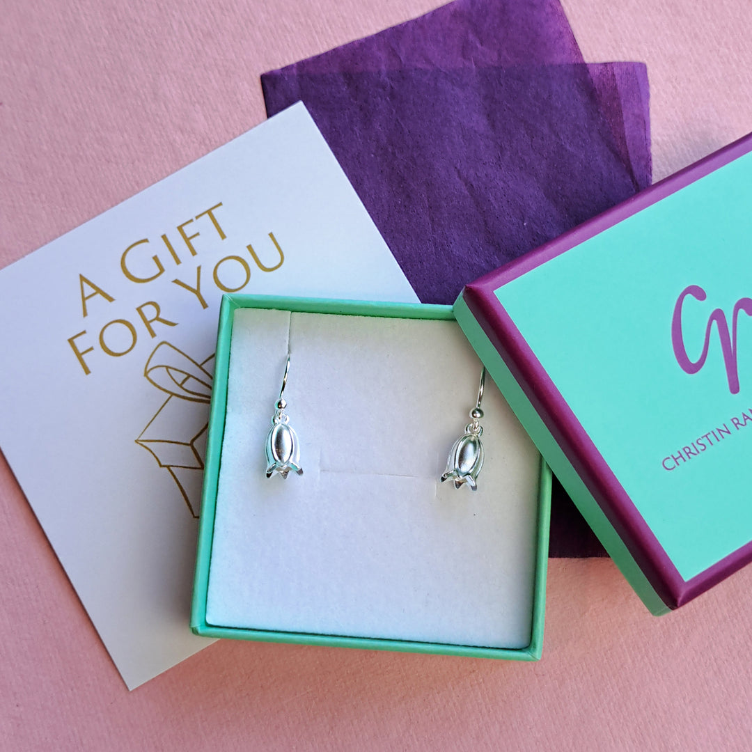 Sterling silver small bluebell hook earrings in Christin Ranger gift packaging
