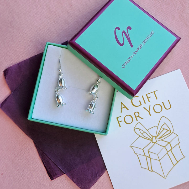 Sterling silver long drop double bluebell earrings in Christin Ranger gift packaging