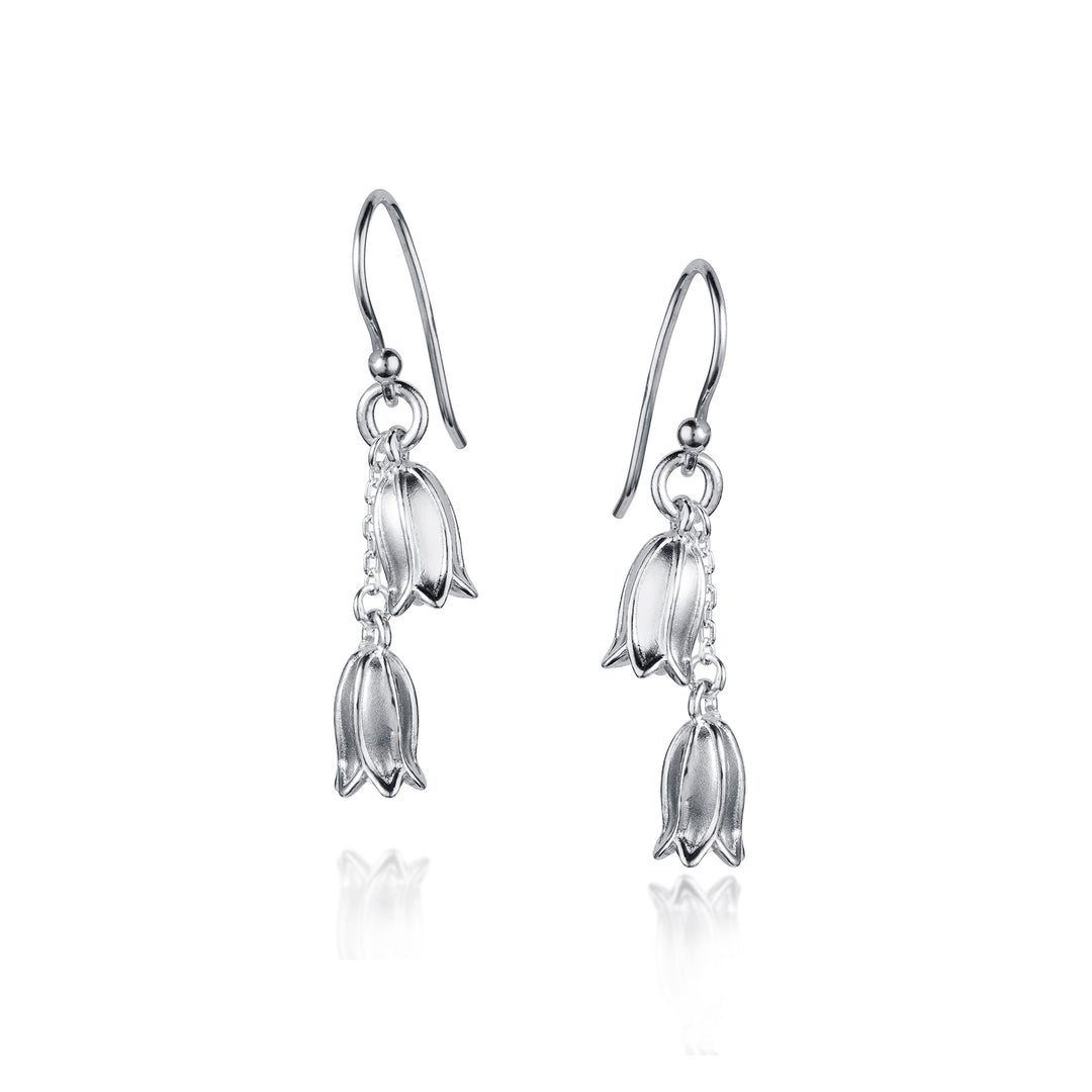 Silver earrings with floral design on a white background