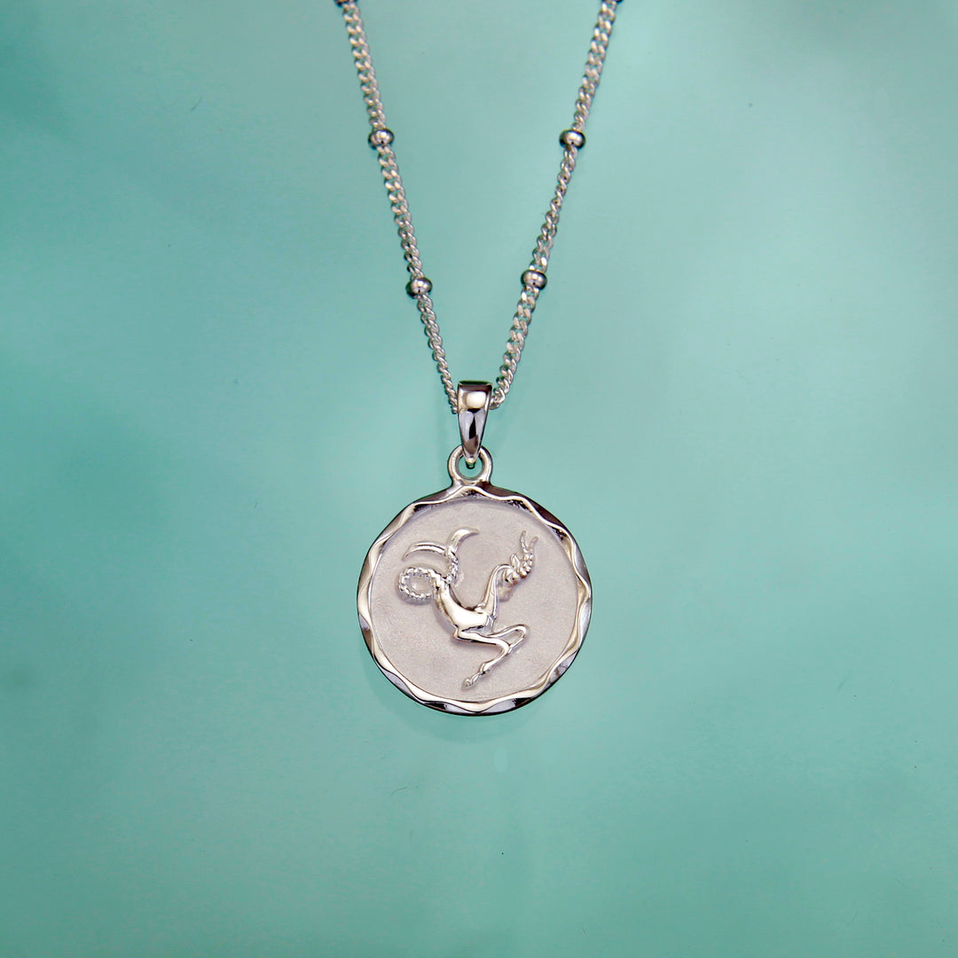 silver capricorn star sign necklace against an aqua background
