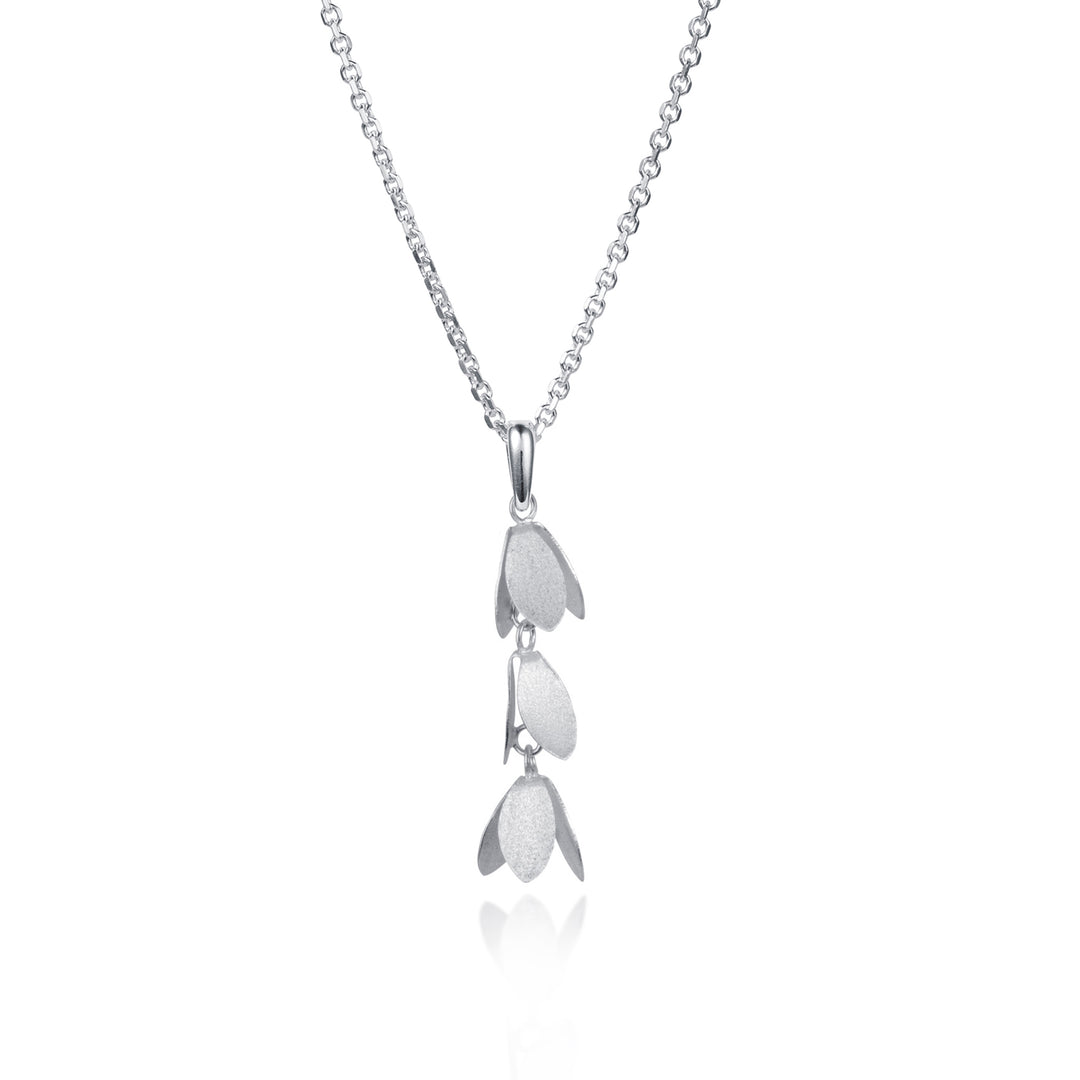 Silver necklace with a catkin designed pendant on white background