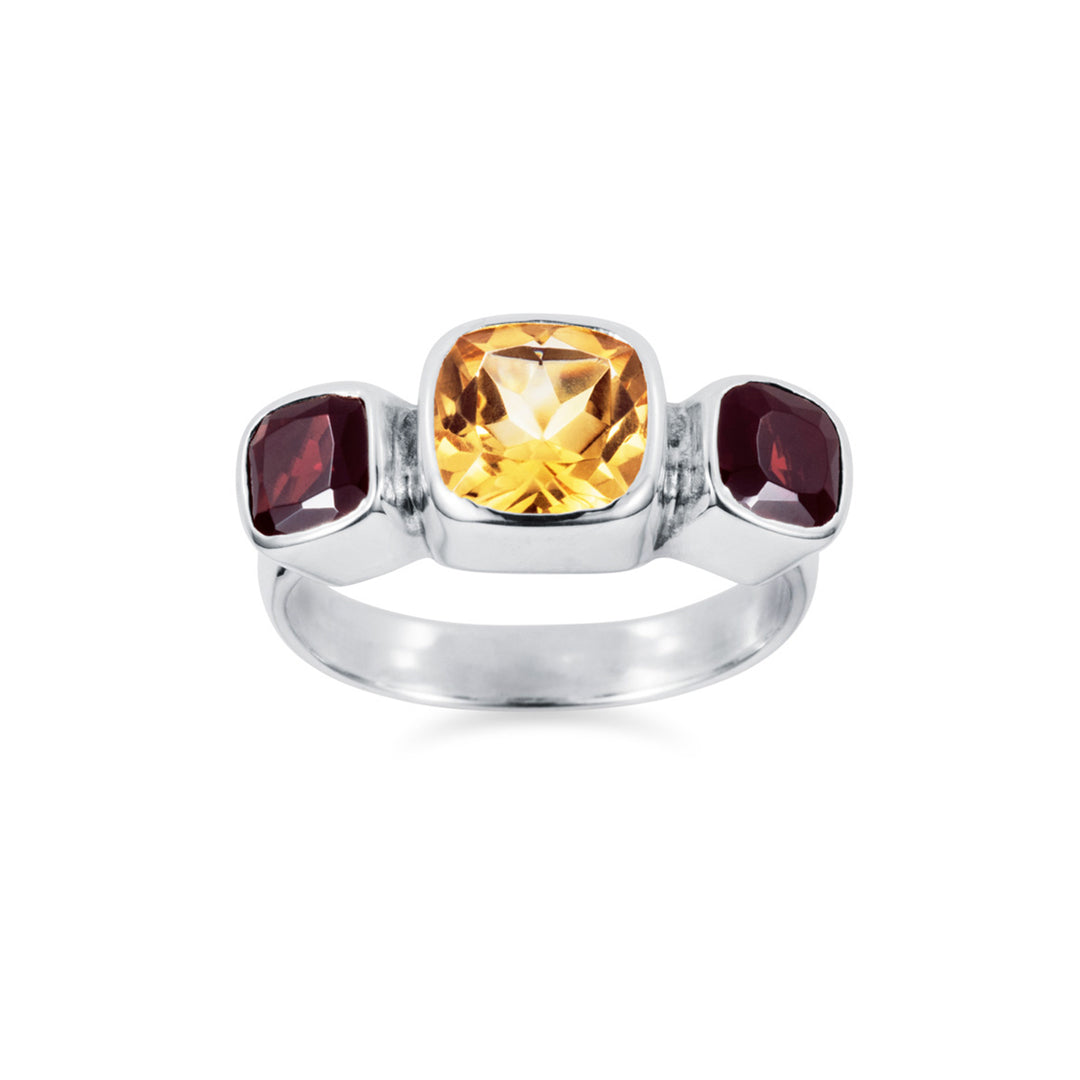 Citrine and garnet square gemstone ring in sterling silver front view