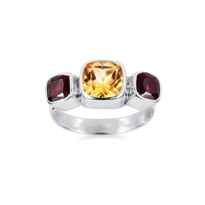 Citrine and garnet square gemstone ring in sterling silver front view