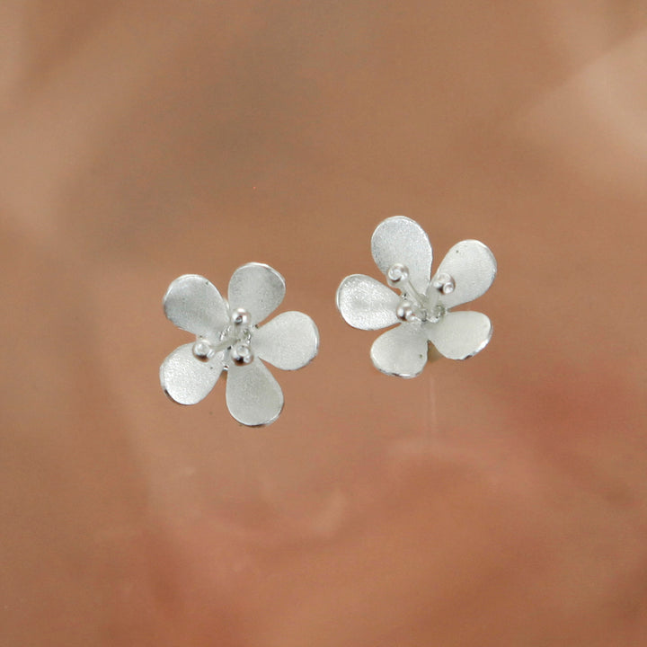 Silver daisy flower-shaped post earrings on a brown background