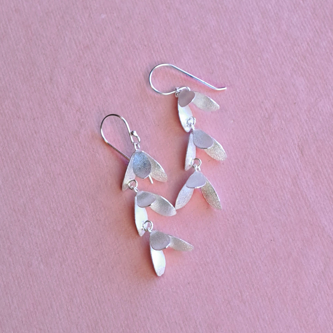 Alternative view of sterling silver long drop catkin earrings showing satin finish and hooks