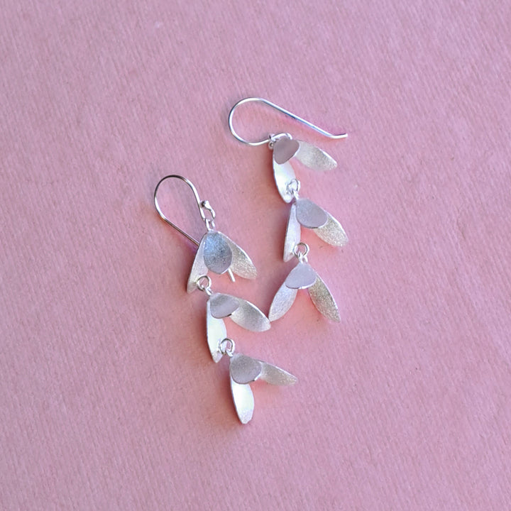 Alternative view of sterling silver long drop catkin earrings showing satin finish and hooks