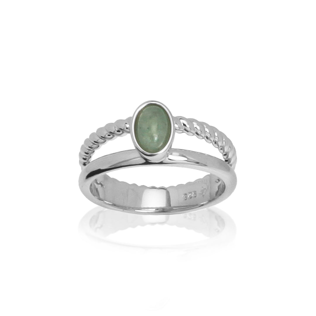 Front view of a two banded silver ring with a green aventurine stone on white background