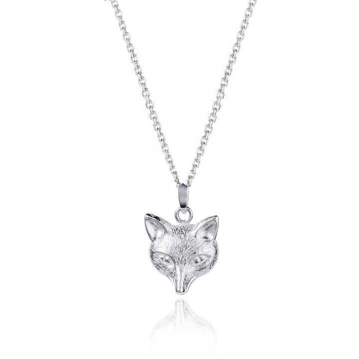 Silver fox pendant necklace on a white background