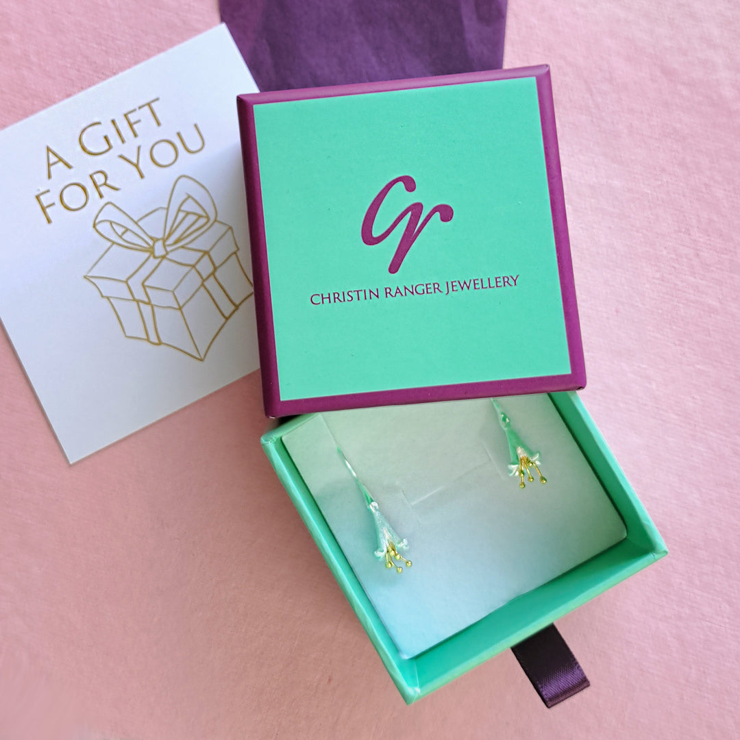 Fuchsia drop earrings in Christin Ranger gift box with purple tissue and gift card