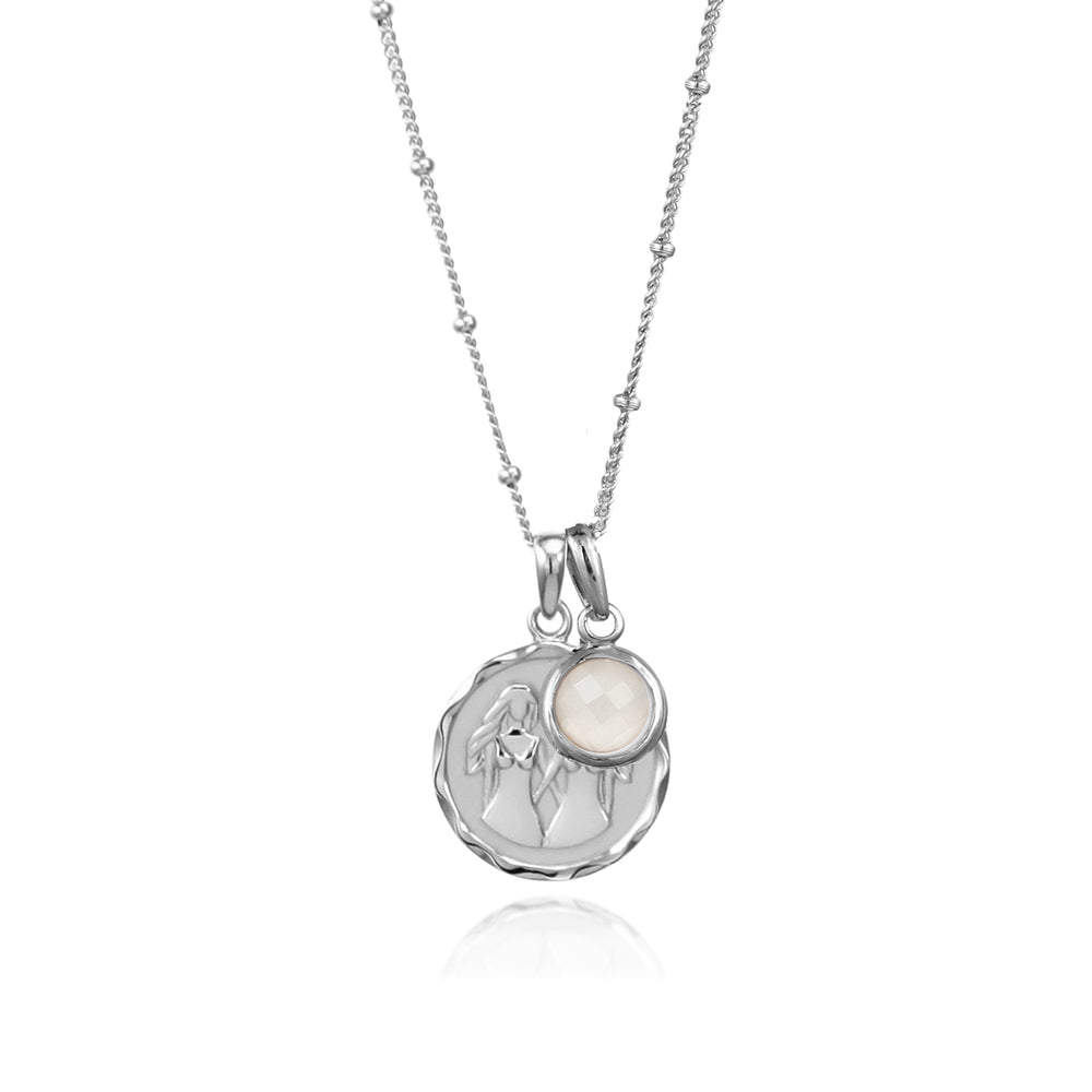 Sterling silver Gemini zodiac necklace with a moonstone June birthstone charm