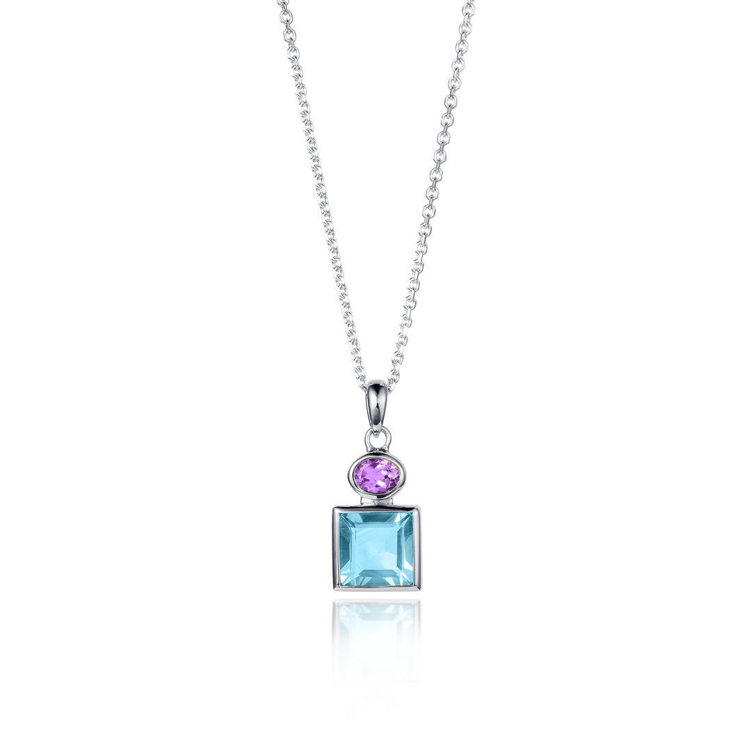 Necklace with a square silver pendant featuring a purple gemstone and blue square gemstone on a white background