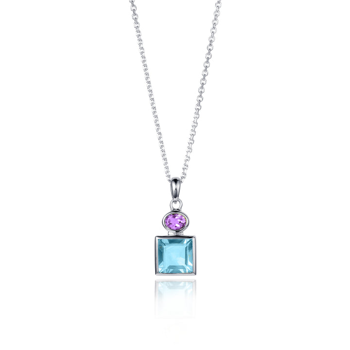 Necklace with a square silver pendant featuring a purple gemstone and blue square gemstone on a white background