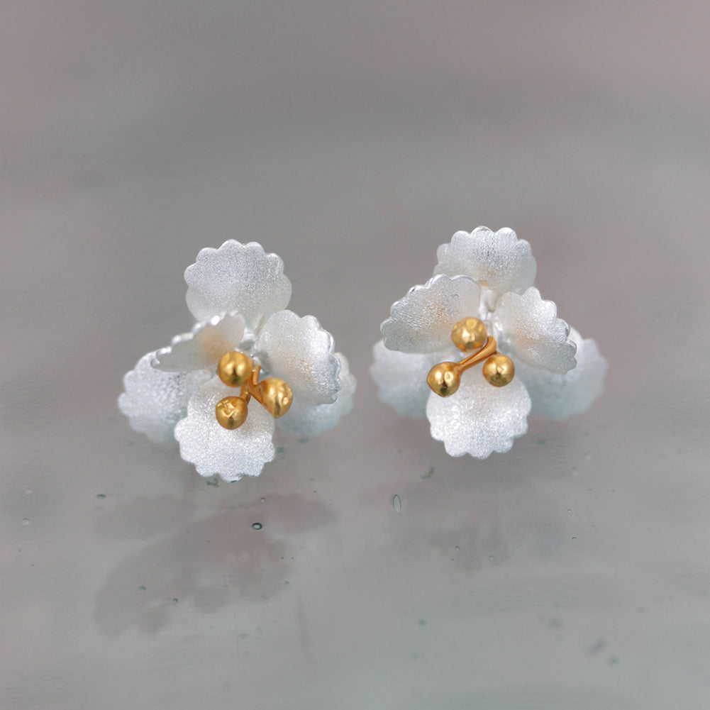 Pair of silver floral earrings with gold centers on a light gray background