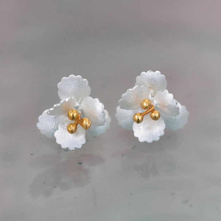 Pair of silver floral earrings with gold centers on a light gray background