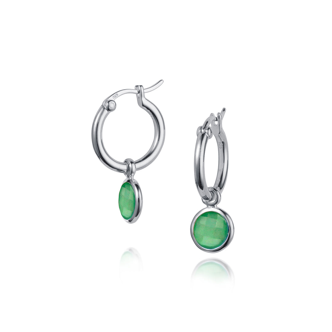 silver snap-post hoop earrings with green quartz drops on a white background