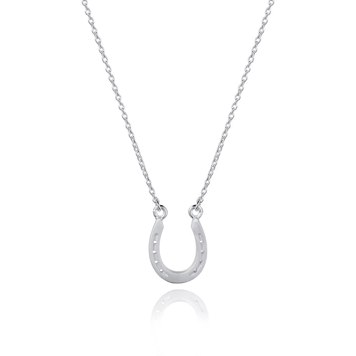 Silver horseshoe necklace on a white background