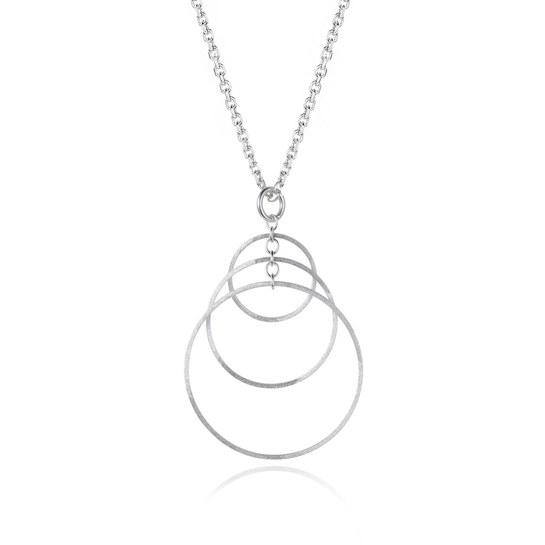 Silver necklace with three interlocking rings on a white background