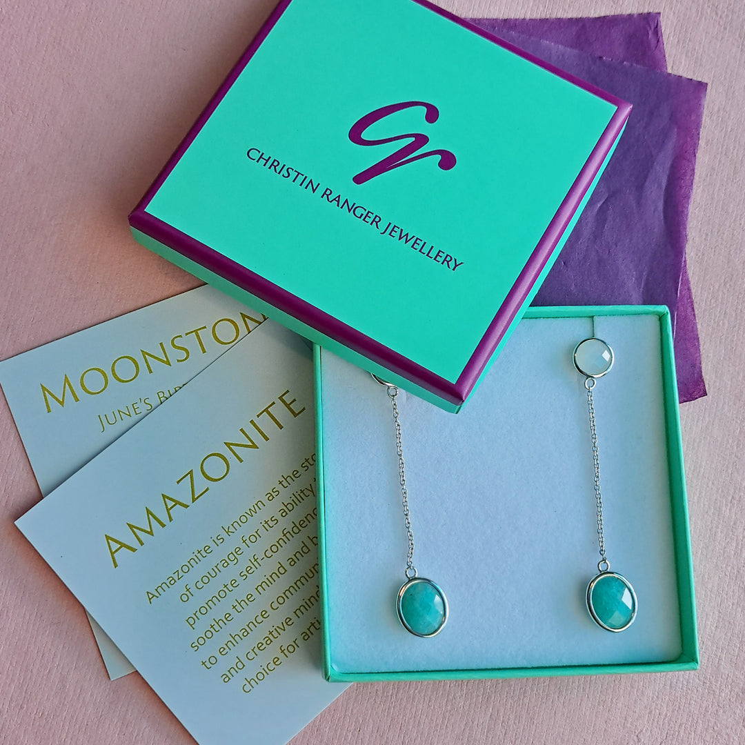 18ct gold vermeil amazonite and moonstone long drop earrings in Christin Ranger gift box