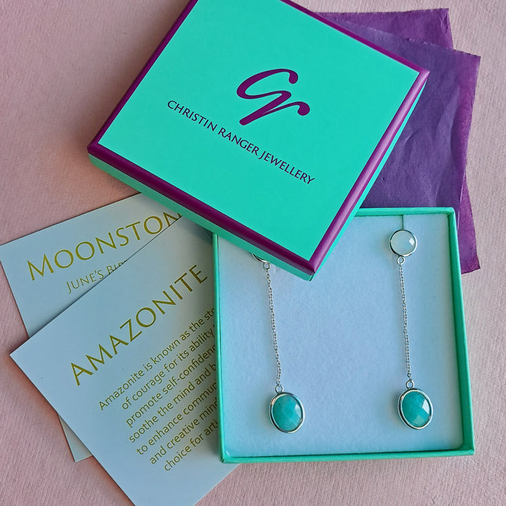 18ct gold vermeil amazonite and moonstone long drop earrings in Christin Ranger gift box