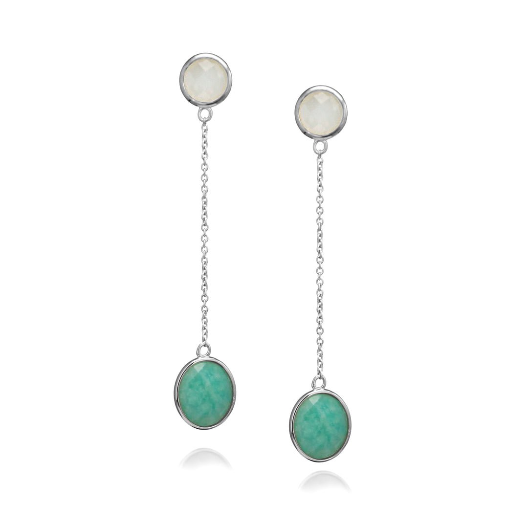 Long silver chain post earrings with a moonstone and an amazonite gemstone