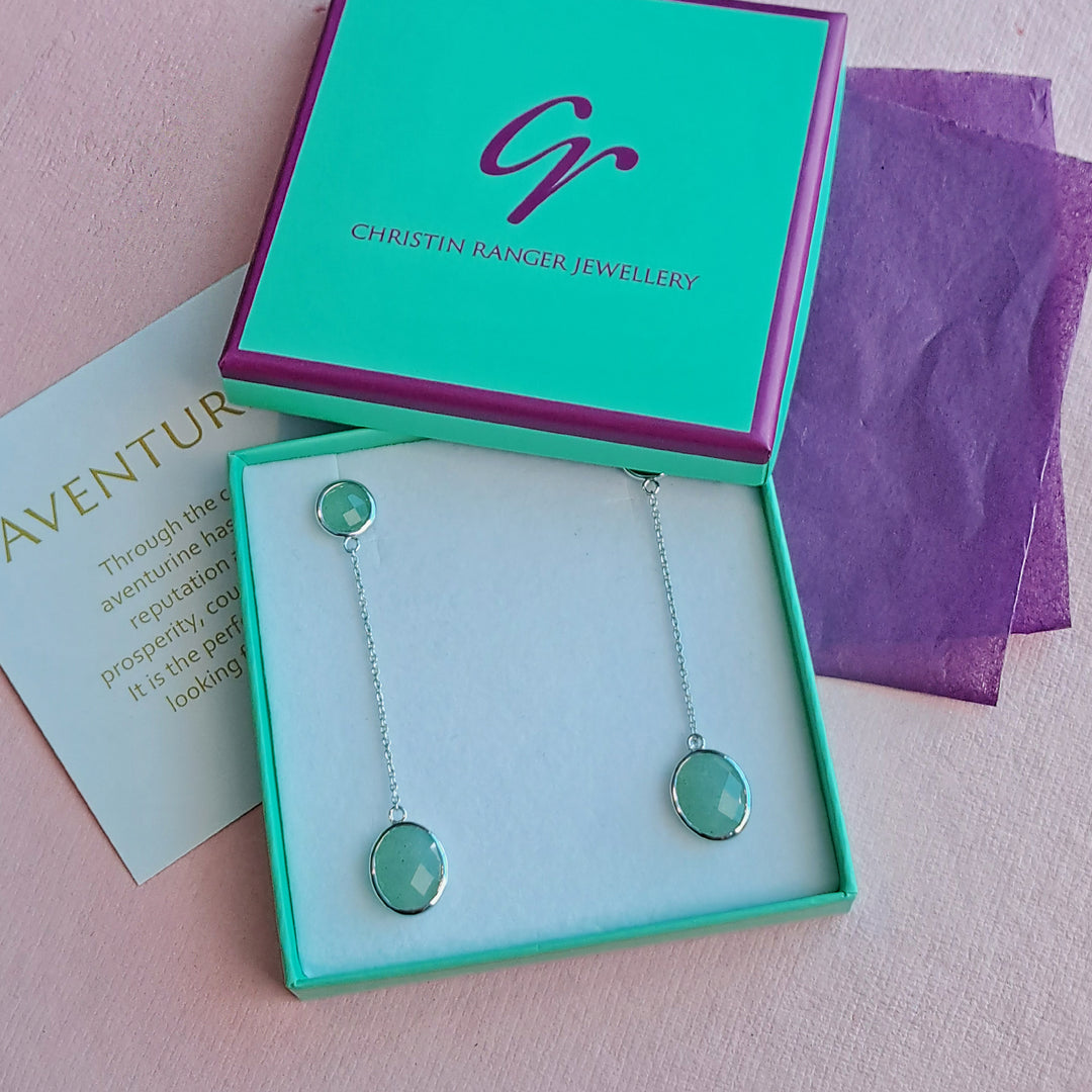 Sterling silver jade-green aventurine long drop earrings in Christin Ranger gift box