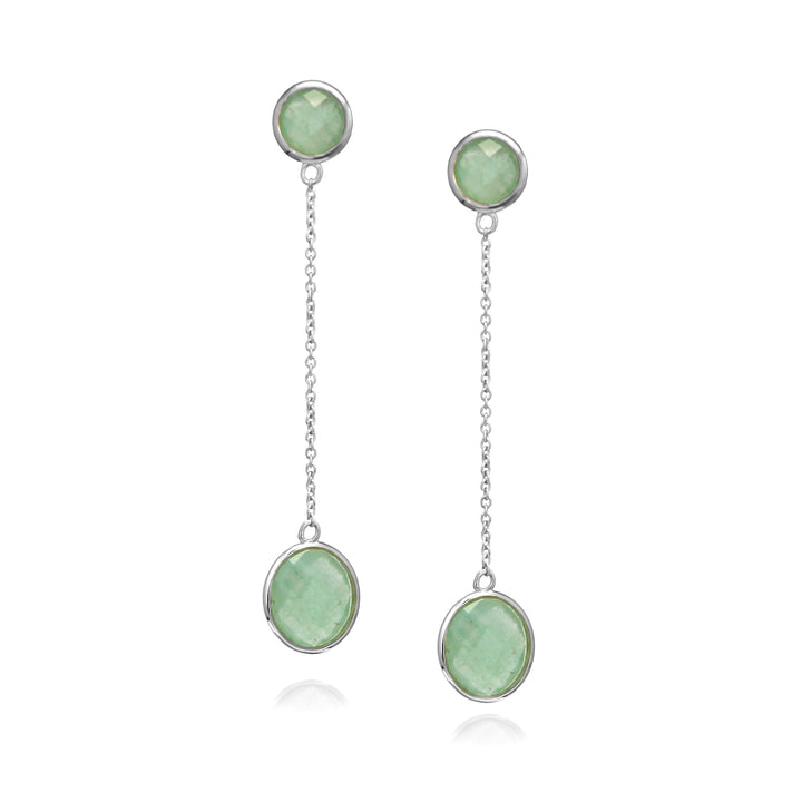 Pair of green gemstone earrings with silver chains on a white background