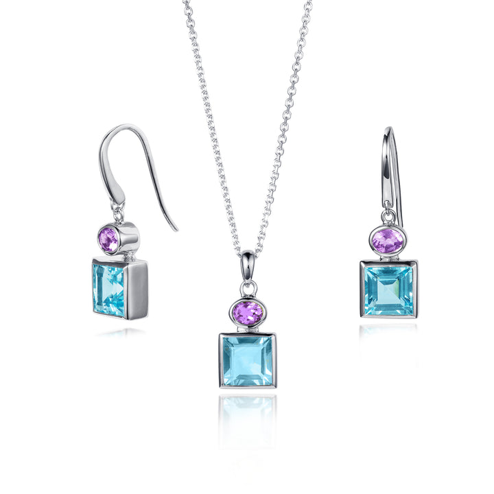 Square blue topaz & amethyst drop earring and necklace set in sterling silver