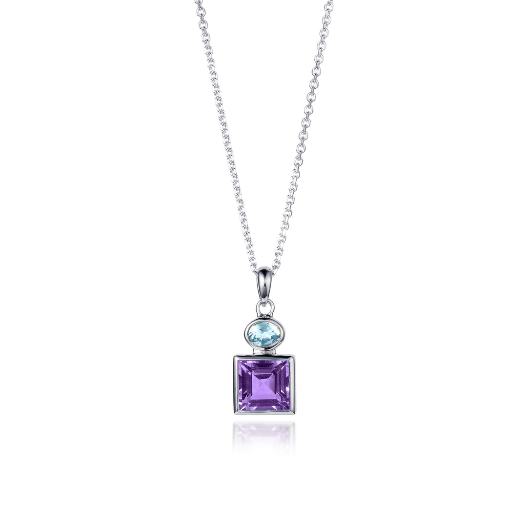 Silver necklace with featuring a square amethyst gemstone and oval blue topaz gemstone