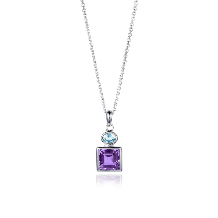 Silver necklace with featuring a square amethyst gemstone and oval blue topaz gemstone