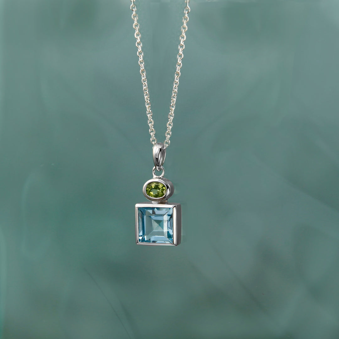 Sterling Silver Necklace With Blue Topaz & Peridot Gemstones