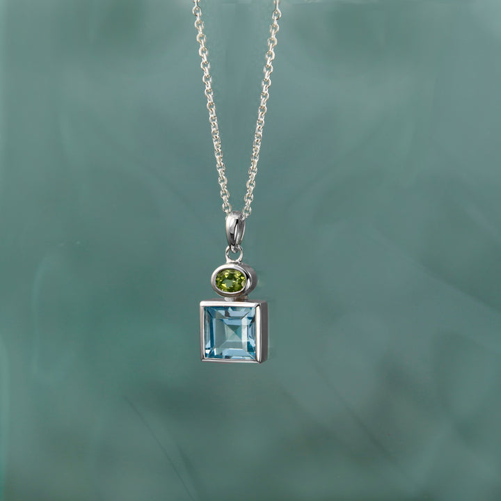 Sterling Silver Necklace With Blue Topaz & Peridot Gemstones