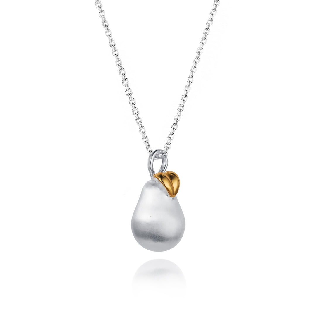 a silver pear pendant with gold leaf on a silver chain against a white background