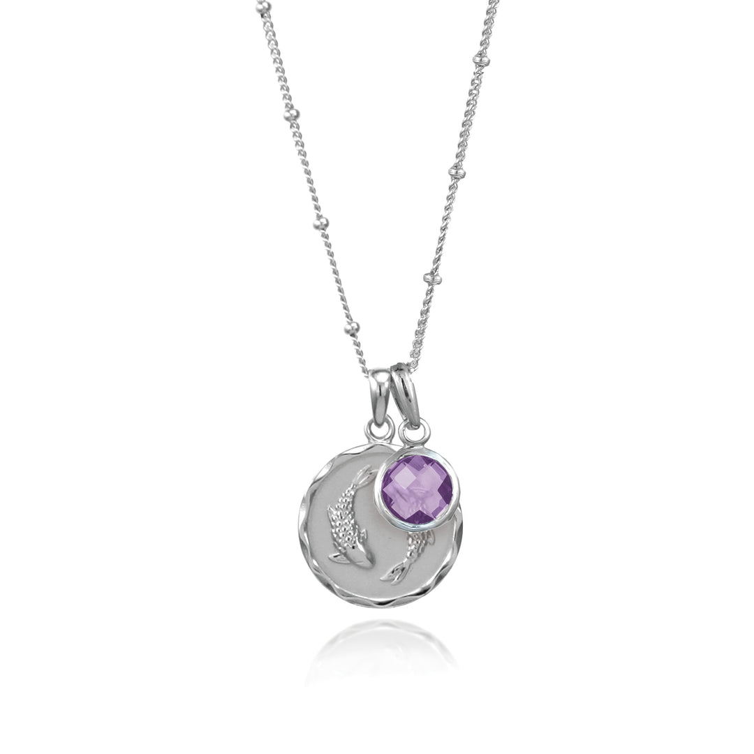 SIlver zodiac pendant and amethyst gemstone charm on white background